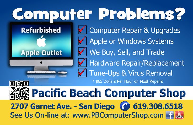 SD Laptop Repair Services shop flyer in Pacific Beach, San Diego offering expert computer and Apple laptop repair services